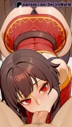 1boy 1girls 2025 :>= ai_generated artist_name ass bare_shoulders black_panties blowjob blowjob_face blush brown_hair cheek_bulge cock dick dress electroworld fellatio female hi_res high_quality high_resolution highres kono_subarashii_sekai_ni_shukufuku_wo! licking looking_at_viewer male megumin oral oral_sex panties patreon patreon_username penis pov red_dress red_eyes short_hair solo_focus stable_diffusion straight sucking thighhighs uncensored watermark