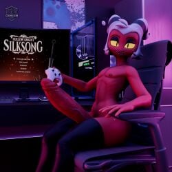 anthro big_penis controller crimsomdark femboy femboy_imp game gaming genitals hellaverse helluva_boss hollow_knight hollow_knight:_silksong huge_cock hung_femboy hung_trap hyper imp looking_at_viewer male moxxie_(helluva_boss) moxxie_(valorlynz) penis solo team_cherry