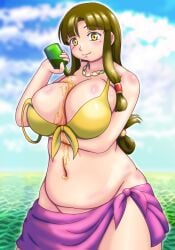 1girls arm_under_breasts artist_name beach big_breasts bikini bikini_top_pull breast_hold breasts busty cleavage female female_only front-tie_bikini_top front-tie_top highres jewelry large_breasts legs lips long_hair looking_at_viewer lotion navel necklace ocean pouring pouring_onto_self saaya_(suisei_no_gargantia) sarong sensual sexually_suggestive sexy sexy_pose solo source_request suisei_no_gargantia sunscreen swimsuit teasing thighs unworn_bikini_bottom water yellow_bikini yellow_eyes