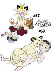 1boy 1girls compression_artifacts cowgirl_position feline female furry human interspecies josemalvado josemalvado_pokemon_series male mammal meowth nintendo penis persian pokemon pokemon_trainer pokephilia pussy pussy_juice sex small_penis testicles text vaginal_penetration video_games white_background zoophilia