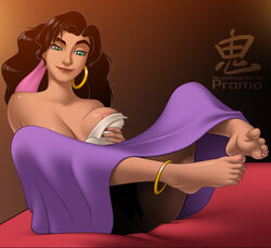 1girls anklet aqua_eyes areola_slip barefoot black_hair breast_grab cleavage disney earrings esmeralda feet female female_only foot_focus gypsy hairband long_hair no_panties oni_(artist) pubic_hair pussy sitting skirt smile soles solo the_hunchback_of_notre_dame toes