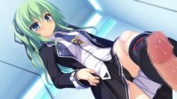 black_panties blue_eyes blush breasts censored female footjob g.i.b._girls_in_black game_cg green_hair highres legs long_hair looking_down medium_breasts necktie panties penis school_uniform shoejob skirt smile standing standing_footjob tenmaso thighs underwear