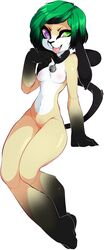 anthro bell breasts collar feline female fur furry green_hair hair heterochromia maidfrills mammal nude plain_background pussy saliva solo tongue tongue_out white_background