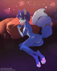 anthro ass blue_fur breasts female female_only fox fur furry krystal lady_owl lying nintendo nipples pillow pussy solo star_fox video_games