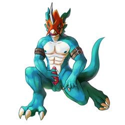 1boy abs anthro balls barefoot blade blitzdrachin blue_dragon claws digimon dragon erection flamedramon genital_slit happy kneeling looking_at_viewer male male_only mask masturbation muscles nipples nude open_mouth pecs penis sharp_claws sharp_teeth slit smile solo teeth toe_claws tongue tongue_out