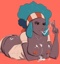 afro after_sex ass ass_cleavage bad_id black_female breasts breasts_out bust_cup butt_crack cum cum_on_body cum_on_breasts cum_on_upper_body cum_pool cum_string dark-skinned_female dark_nipples dark_skin female green_hair gutter_kirby gym_leader headband human human_only lactation large_breasts lenora_(pokemon) lips lying nintendo nipples on_stomach pokemon pokemon_bw shiny shiny_skin smile solo thong