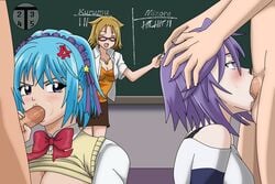 2boys 3girls angry angry_fellatio animal_ears bare_shoulders blue_eyes blue_hair blush breasts breasts_out cat_ears chalkboard classroom competition deepthroat fellatio female glasses hair hairband hand_on_head kurono_kurumu male multiple_boys multiple_girls nekonome_shizuka oral penis purple_eyes purple_hair ribbon rosario+vampire score shirayuki_mizore short_blue_hair short_purple_hair snow_fairy star succubus teacher text tomb1993 tongue_out