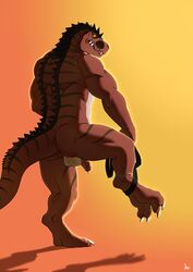 1boy 4_toes anklet anthro ass balls biceps chains claws digitigrade dinosaur fangs flaccid humanoid_penis looking_back male male_only muscles nude penis plain_background precum rossciaco scalie solo standing stripes teeth