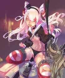 absurdres amatsukaze_(kantai_collection) bigegg black_panties choker clitoris female hair_tubes highres kantai_collection long_hair machinery navel nipples open_mouth panties panties_aside pussy pussy_juice school_uniform serafuku sex_machine silver_hair solo straddling striped striped_legwear sybian thighhighs torn_clothes torn_thighhighs two_side_up underwear yellow_eyes