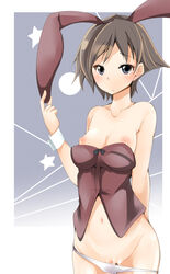 animal_ears arm_behind_back bare_shoulders blue_eyes blush brown_hair bunny_ears bunny_girl female hiei_(kantai_collection) kantai_collection navel nipples panties panty_pull pussy pussy_juice shirt_pull short_hair small_breasts solo takara_akihito uncensored underwear white_panties wrist_cuffs