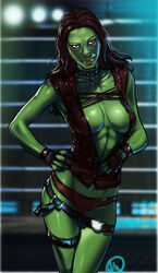 2d alien alien_girl alien_look_like_human blue_eyes brown_hair choker cleavage female fingerless_gloves gamora ganassa gloves green-skinned_female green_skin guardians_of_the_galaxy long_hair marvel marvel_comics midriff open_clothes panties red_hair solo standing