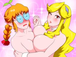 2girls blonde_hair blush blushing braid breast_squeeze breasts coke-bottle_glasses female freckles_(space_dandy) glasses honey_(space_dandy) huge_breasts multiple_girls nude opaque_glasses orange_hair pointy_ears round_glasses space_dandy symmetrical_docking twin_braids wink yuri