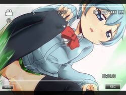 artist_request blue_eyes blue_hair blush bowtie goutokuji_kayo grass hands_on_knees miniskirt open_mouth outside peeing pussy recording sabagebu! school_uniform short_hair solo squatting sweater thighhighs uncensored urine voyeurism young