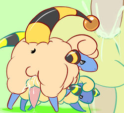 all_fours anus balls close-up cum cum_in_ass cum_inside doggy_style from_behind furry furry_only gay green_background male male_only mareep multiple_males nintendo pcred566 penis plain_background pokemon sex video_games