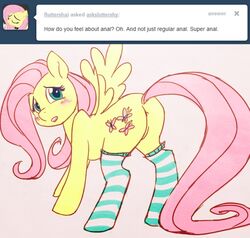 ask ass blush cutie_mark english_text equine female feral fluttershy_(mlp) friendship_is_magic fur hair hooves knee_socks kneesocks mammal my_little_pony pegasus pink_hair pussy radioscope shy socks solo striped_socks stripes text tumblr wings yellow_fur