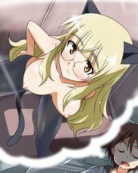 2girls animal_ears bed blonde_hair breasts breasts_out cat_ears cat_tail dreaming glasses large_breasts miyafuji_yoshika multiple_girls nipples open_mouth orange_eyes pantyhose perrine_h_clostermann pillow sleeping strike_witches tail topless yumekaranigeruna