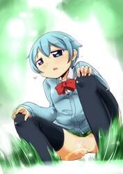 artist_request blue_eyes blue_hair blush bowtie goutokuji_kayo grass hands_on_knees heart miniskirt open_mouth outside peeing pussy sabagebu! school_uniform short_hair solo squatting sweater thighhighs uncensored urine young