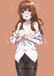 blush brown_eyes brown_hair bulge embarrassed femboy flustered girly inuhasiru long_hair male my_wife_is_a_man nipples open_mouth panties pantyhose shirt shirt_down solo standing trap undressing yuki_(my_wife_is_a_man)