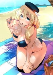 atago_(kantai_collection) beach bikini bikini_pull blonde_hair blush breasts cleavage dildo female hat kantai_collection kneeling looking_at_viewer nail_polish ojo_(dfreak) purse sex_toy solo swimsuit