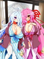 2girls big_breasts blush breasts breasts_bigger_than_head gigantic_breasts grey_hair hair_over_one_eye hi_res highres huge_breasts kimono kotonoha_akane large_breasts looking_back mei_(2b213) open_mouth pink_hair pov purple_eyes red_eyes rindou_(p41neko) smile stockings voiceroid