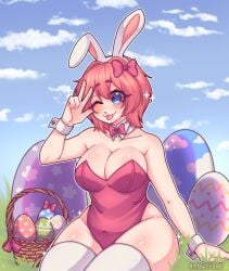 1girls 5_fingers bare_shoulders big_breasts blep blue_eyes bow bowtie bowtie_collar breasts bunny_ears bunnysuit cleavage collar doki_doki_literature_club easter easter_eggs egg egg_basket eggs female_focus hair_bow hairbow marukunart one_eye_closed red_bow sayori_(doki_doki_literature_club) thick_thighs thighs tongue tongue_out