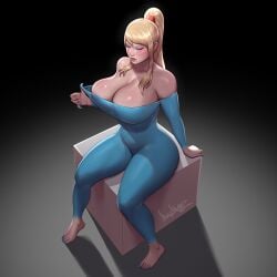 1girls bimbo bodysuit breasts cleavage feet female female_only huge_breasts human large_breasts metroid nail_polish pinkdrawz samus_aran sitting solo solo_female veiny_breasts voluptuous