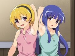 07th_expansion 2girls armpits blonde_hair blue_hair furude_rika higurashi_no_naku_koro_ni houjou_satoko pale-skinned_female perspiration showing_armpits