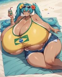 1girls ai_generated artist_request ass big_ass big_breasts big_thighs brazil brazilian brazilian_female brazilian_miku breasts butt cyan_eyes cyan_hair female female_only gigantic_ass gigantic_breasts gigantic_thighs hatsune_miku huge_ass huge_breasts huge_thighs latin_american_hatsune_miku_(meme) long_hair looking_at_viewer shirt shorts solo tagme tagme_(artist) tan tan_body thick_hips thick_thighs thighs thong twintails twitter_link vocaloid yellow_shirt