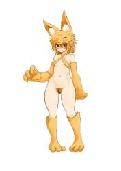 absurdres anianianimamama animal_ear_fluff animal_ears animal_feet animal_hands blonde_hair blonde_pubic_hair blush bottomless bra breasts commentary_request commission covered_nipples criss-cross_halter excessive_pubic_hair female female_pubic_hair fox_ears fox_girl fox_hat full_body halterneck highres looking_at_viewer moonlight_flower pubic_hair ragnarok_online red_eyes second-party_source shaded_face short_hair simple_background skeb_commission small_breasts solo standing underwear variant_set white_background yellow_bra