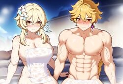 1boy 1girls aether_(genshin_impact) ai_generated blonde_hair brother_and_sister genshin_impact imminent_sex lumine_(genshin_impact) mihoyo straight