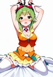 1girls ai_generated armpits arms_up bangs bed_sheet belt blush bondage boots bound bound_wrists breasts brooch chains cleavage covered_navel crop_top crying detached_collar female female_only frilled_skirt frills fully_clothed fully_clothed_female goggles goggles_on_head green_eyes green_hair gumi headphones jewelry layered_skirt looking_at_viewer medium_breasts midriff milua miniskirt navel nose_blush novelai open_mouth orange_shirt orange_skirt red-tinted_eyewear restrained see-through self_upload shirt short_hair_with_long_locks sidelocks simple_background sitting skirt sleeveless sleeveless_shirt solo solo_female spread_legs tearing_up tears thigh_boots thighhighs tinted_eyewear vocaloid wariza white_background white_footwear white_thighhighs wrist_cuffs zettai_ryouiki