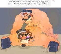 anal anal_penetration anal_sex balls bunbunny_(artist) cum cum_in_ass cum_inside facial_hair gay human_on_human male male/female male_only mario mario_(series) moustache musk nintendo nude orgasm penis sex smallsrabbit sweat sweating wario wario_(series)