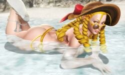 3d areolae ass beach blonde_hair breasts brown_eyes bubble_butt busty capcom drill_hair female female_focus female_only hat high_heels hourglass_figure imaginarydigitales karin_kanzuki long_hair nipples nude nude_female nudity pinup pinup_pose pose posing sandals straw_hat street_fighter street_fighter_v sunglasses tagme waist_chain wide_hips