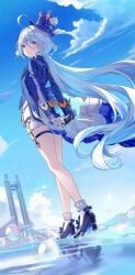 1girls ai_generated blue_eyes blue_hair blue_sky female furina_(genshin_impact) genshin_impact gloves hat high_heels kisaragi_h29 long_hair sky solo solo_focus thigh_strap thighs white_hair