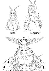 3girls artist_request big_breasts black_and_white monster_girl moth moth_girl mother mothgirl tagme_(artist) thick thick_thighs