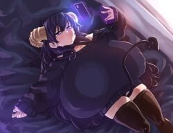 1girls big_breasts black_stockings breasts demon demon_girl demon_horns gigantic_breasts huge_breasts large_breasts looking_at_phone mel_(shiro) on_bed open_mouth phone pov purple_eyes purple_hair ribbed_sweater sio_kakeruhito sweater