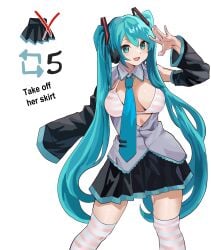 bra green_eyes green_hair hatsune_miku kneesocks necktie sleeves strip_game striped_bra stripgame twintails