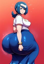 1girls ai_generated ass_bigger_than_head ass_in_dress big_ass blue_eyes blue_hair cellulite gvukub huge_ass lana's_mother_(pokemon) milf nintendo pokemon