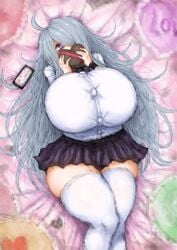 1girls 2b213 big_breasts black_eyes blue_hair breasts breasts_bigger_than_head chocolate gigantic_breasts hair_over_one_eye hi_res highres holding_object huge_breasts large_breasts legs_together long_hair looking_at_viewer mei_(2b213) messy_hair on_back on_bed pleated_skirt purple_eyes school_uniform shy stockings thick_thighs valentine's_day white_shirt