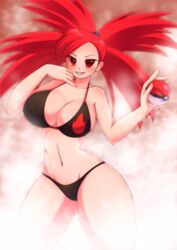 bikini black_bikini blush breasts cleavage female female_only flannery_(pokemon) gym_leader human human_only large_breasts looking_away navel nintendo pastelletta poke_ball pokemon pokemon_rse ponytail red_eyes red_hair smile solo standing swimsuit tied_hair