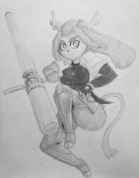 action_pose anthro anthro_only anthrofied antlers black_and_white furry furry_female furry_only hivequeenvespa_(artist) holding_object holding_weapon jumping looking_at_viewer pseudoregalia sybil_(pseudoregalia) traditional_art traditional_drawing_(artwork) traditional_media traditional_media_(artwork) weapon