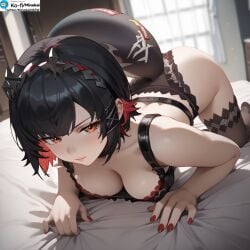 ai_generated bed bedroom black_and_red_bra black_and_red_hair black_panties black_thighhighs cleavage ellen_joe female hoyoverse maid maid_headdress minokai on_bed on_fours red_eyes red_nails shark_tail zenless_zone_zero