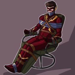 1boy aged_up bound bound_and_gagged brown_hair bulge chair dc dc_comics flash fully_clothed jai_west male male_only plain_background rope siaph21 solo tape the_flash_(series)