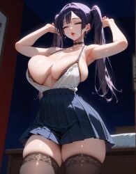 1girls ai_generated bedroom choker colored_eyes dark_hair huge_breasts lewdwaifulaifu looking_at_viewer looking_down original_character skirt twintails