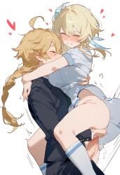 1boy 1girls aether_(genshin_impact) ai_generated blonde_hair brother_and_sister genshin_impact horny_female incest lumine_(genshin_impact) mihoyo pleasure_face sex standing_sex straight