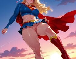 1girls ai_generated balecxi bangs belt blonde_hair blue_eyes blue_skirt blush boots breasts cape cleft_of_venus clothes_lift clothing cloud cloudy_sky crop_top cropped_shirt curvaceous curvaceous_female curvaceous_figure curvy curvy_figure dc dc_comics dusk evening female female_focus female_only footwear from_below gradient_sky grin high_heel_boots inviting inviting_to_sex kara_danvers kara_zor-el knee_boots large_breasts lifted_by_self lips long_hair long_sleeves looking_at_viewer microskirt midriff miniskirt navel no_panties nopan orange_sky outdoors pleated_skirt presenting presenting_ass presenting_breasts presenting_hindquarters presenting_pussy presenting_self pussy red_cape red_footwear seductive seductive_look seductive_smile shiny_skin shirt skirt skirt_lift skirt_pull sky smile solo standing stomach sunset supergirl supergirl_(series) superhero superman_(series) sweat thick_thighs thighs toned uncensored vagina voluptuous voluptuous_female