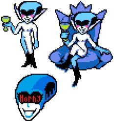 accurate_art_style blush deltarune deltarune_chapter_2 drunk justst3ven nude pixel_art queen_(deltarune) sitting smile tagme throne