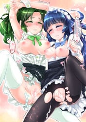 2girls aoki_reika blue_eyes blue_hair blush breast_press breasts breasts_out clothing cum eyelashes green_eyes green_hair heart maid medium_breasts midorikawa_nao multiple_girls mutou_mato nipples open_clothes open_mouth pantyhose precure pretty_cure saliva sex small_breasts smile_precure spoken_heart stockings straight torn_clothes torn_pantyhose translation_request