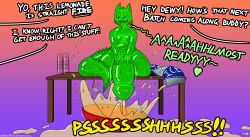 absurd_res anthro beverage big_tail blue_eyes bodily_fluids bowl container cup daletfours dialogue dragon english_text fangs forked_tongue furniture genital_fluids genitals glistening glistening_body goo_body goo_creature goo_dragon green_body hand_on_own_penis hand_on_penis hi_res honeydew_(daletfours) hyper ice_bag kitchen_utensils ladle lemonade looking_pleasured male mythological_creature mythological_scalie mythology overweight overweight_male peeing penis ridged_tail scalie simple_background sound_effects table tail teeth text thick_thighs tongue tongue_out tools unusual_bodily_fluids unusual_genital_fluids unusual_urine urine urine_everywhere urine_on_ground urine_splash urine_splatter urine_stream watersports