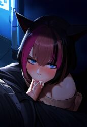 ai_generated alleyway barefoot blue_eyes blush cat_ears cat_girl clothed_female clothed_male cum cum_in_mouth feet fellatio final_fantasy final_fantasy_xiv miqo'te night novelai pink_hair_streak public public_sex shy soles three-tone_hair